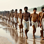 **Image Prompt:** A serene depiction of the Salt March. Gandhi leads a diverse group of Indians towards the sea, faces filled with determination and peaceful resistance. The scene should evoke a sense of quiet strength and defiance against oppression. Focus on the landscape of the Indian coastline, conveying a feeling of hope and national unity.