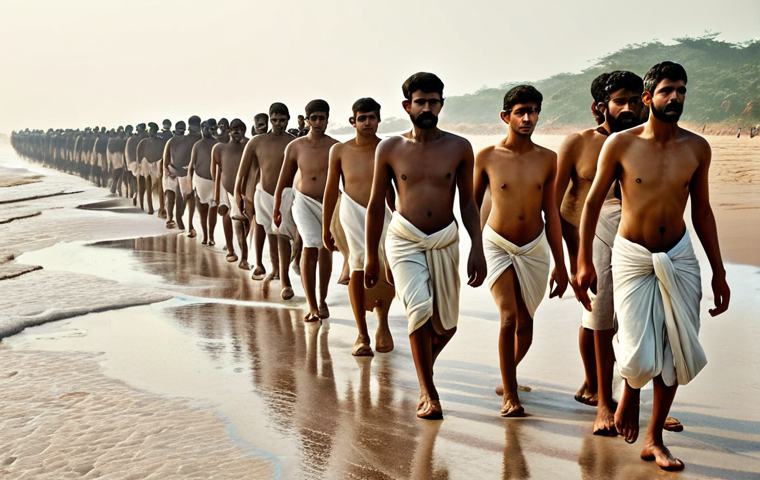 **Image Prompt:** A serene depiction of the Salt March. Gandhi leads a diverse group of Indians towards the sea, faces filled with determination and peaceful resistance. The scene should evoke a sense of quiet strength and defiance against oppression. Focus on the landscape of the Indian coastline, conveying a feeling of hope and national unity.