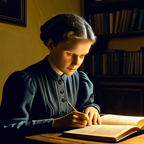 Home 10 Early Education**
"A young, fully clothed Marie Curie studying diligently by candlelight in a modest, dimly lit room in Poland, surrounded by books, appropriate attire, safe for work, perfect anatomy, natural proportions, educational illustration, family-friendly"
**
