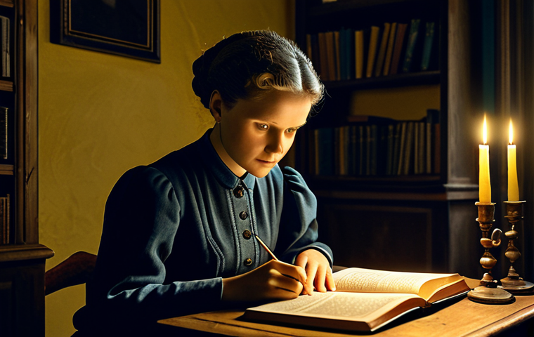 Early Education**

"A young, fully clothed Marie Curie studying diligently by candlelight in a modest, dimly lit room in Poland, surrounded by books, appropriate attire, safe for work, perfect anatomy, natural proportions, educational illustration, family-friendly"

**