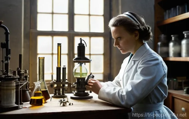 마리 퀴리 방사능 연구 - Marie Curie's Humble Laboratory: The Dawn of Radioactivity**
> A highly detailed, realistic illustr...